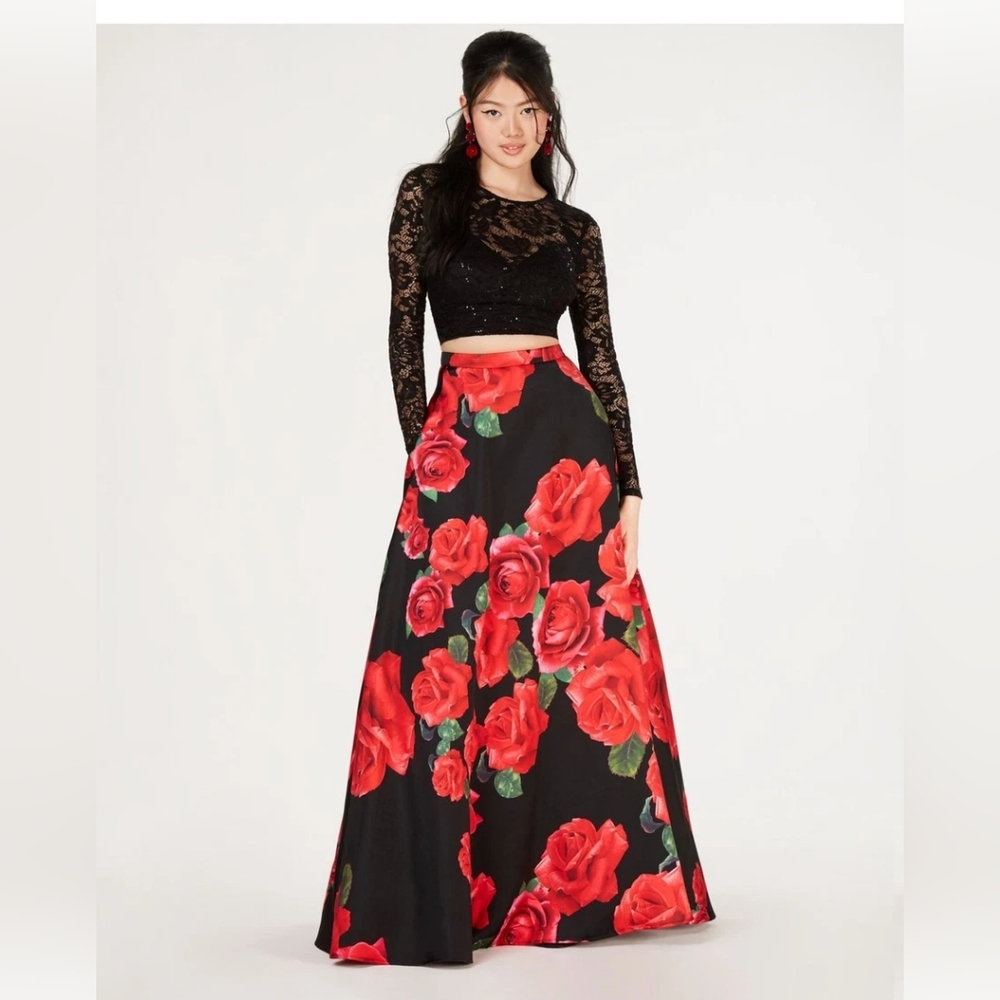 B Darlin Two-Piece Black and Red Floral Prom Dress